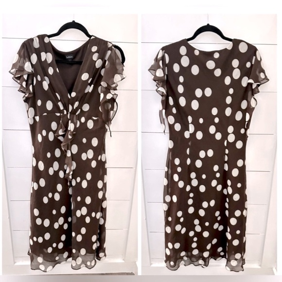 VINTAGE Y2K 90's MSK chocolate Brown polka dot  flutter sleeve poly midi dress - Picture 1 of 11